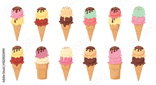 A delicious set of twelve ice cream cones each with two scoops of different flavors topped with chocolate sauce and sprinkles.