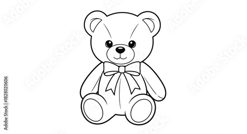 A clean black and white line art illustration of a classic teddy bear with a large bow perfect for a children's coloring page.