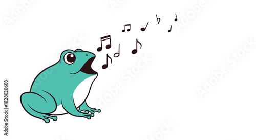 A cheerful teal-colored cartoon frog singing loudly with its mouth wide open as musical notes float up into the air.