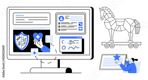 Computer screen displays health data and shield, hand interacts with icons, showing cybersecurity risks. Trojan horse and user rating elements emphasize digital threats. Ideal for healthcare