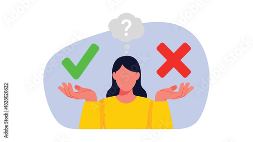 Woman Facing Dilemma: Choice between Green Checkmark (Yes/Right) and Red Cross (No/Wrong). Decision making process and approval concept vector illustration