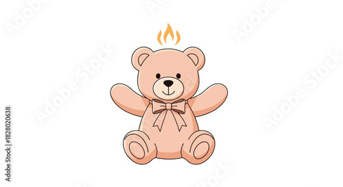 A cute cartoon teddy bear with a pink bow and a small flame lit above its head representing a bright idea or passion.