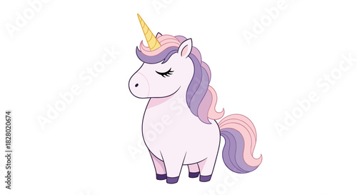 A chubby and cute unicorn with pastel purple and pink hair stands peacefully in a simple and adorable cartoon vector illustration.