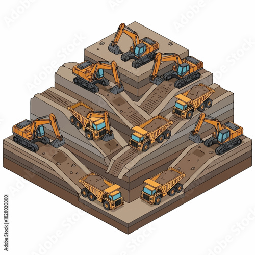 Isometric Mining Operation with Excavators and Dump Trucks.