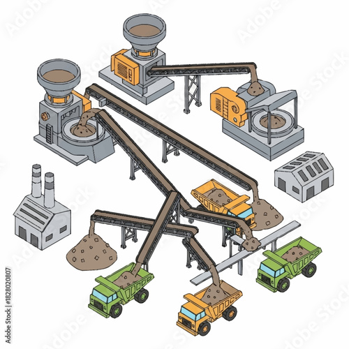 Isometric Illustration of an Industrial Mining and Processing Plant.