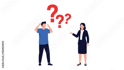 Business Confusion or Complexity Concept. Man Seeking Answers from Businesswoman with Large Question Marks. Vector Illustration.