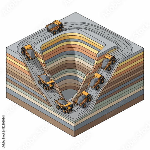 Open-Pit Mining Operation with Trucks Illustration.