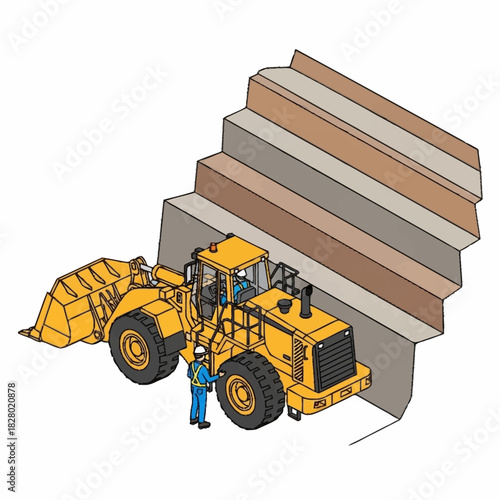 Illustration of a Yellow Bulldozer with Worker Near a Large Structure.