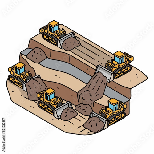 Isometric view of multiple bulldozers excavating a trench.