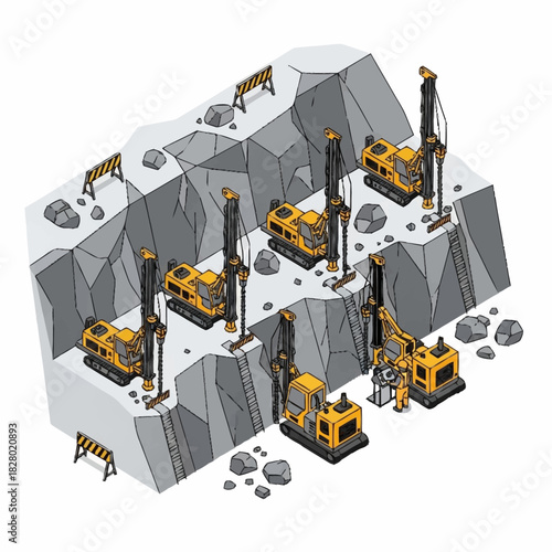 Mining operation with heavy machinery drilling into the rock face.