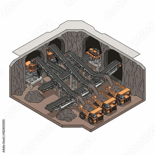 Isometric illustration of an underground mining operation with conveyor belts and trucks.