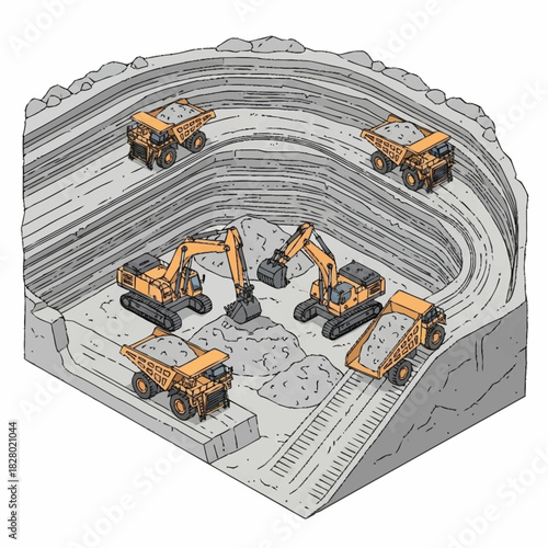 Heavy machinery excavating and transporting materials in an open-pit mine.