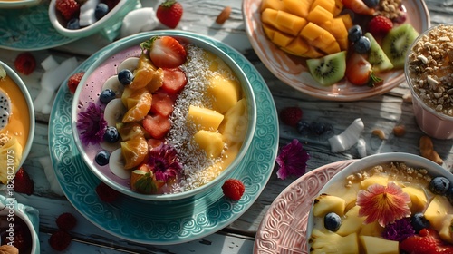 Tropical smoothie bowls by the beach near ocean food art
