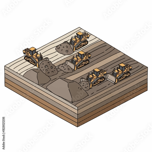 Isometric illustration of bulldozers clearing land for construction.