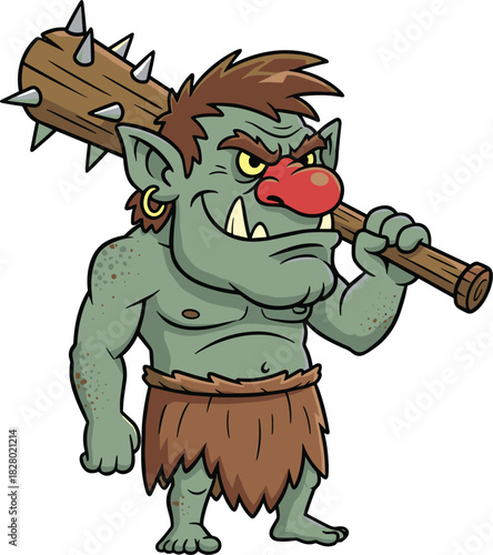 Cartoon troll with club and red nose, green skin monster, fantasy creature with fangs and earring, flat vector illustration