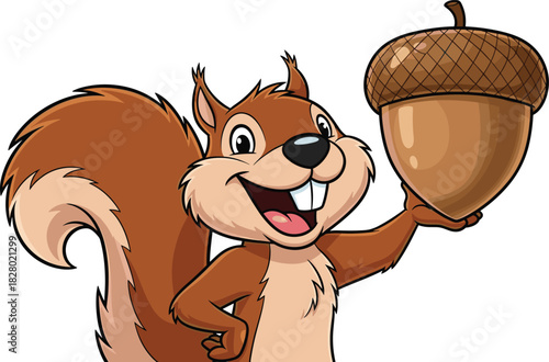 Happy cartoon squirrel holding big acorn, smiling forest animal character, bushy tail rodent, cute woodland creature, flat vector illustration