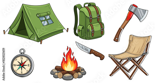 Cartoon camping gear illustration set featuring tent, backpack, campfire, compass, hatchet, knife, and folding chair