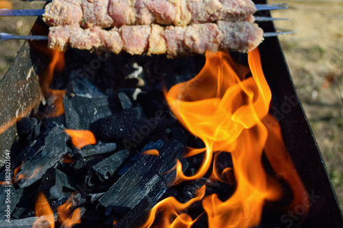 Fire in an iron grill, cooking meat on skewers