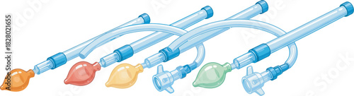 Four colorful medical devices with transparent tubes and different colored bulbs.