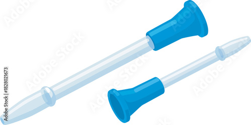 Two nasal aspirators, one larger and one smaller, with blue nozzles and clear tubes, laying on a white background.