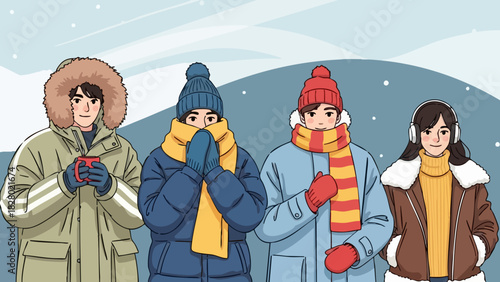 Group of friends enjoying winter together in warm clothes against snowy backdrop