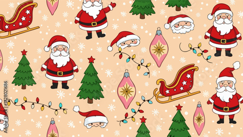 Festive christmas pattern with santa claus ornaments and trees on a beige background