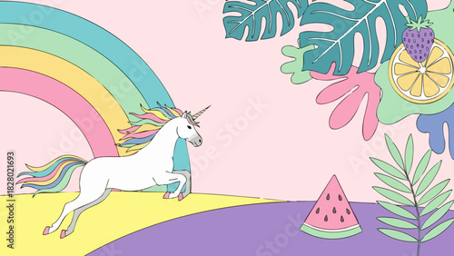 Unicorn leaping over a colorful landscape with rainbow and tropical fruit elements