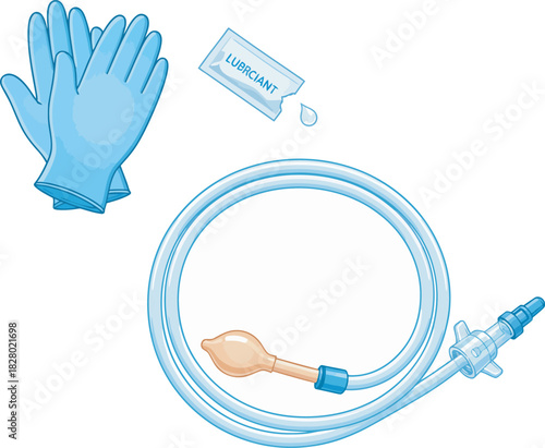Illustration of medical supplies: gloves, lubricant packet, and a coiled catheter with an inflatable balloon.