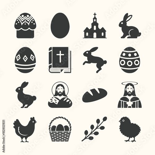 Vector art of collection of easter and christian religious icons including eggs, bunnies, jesus, church, bible, chicken, chick, bread, and willow branch