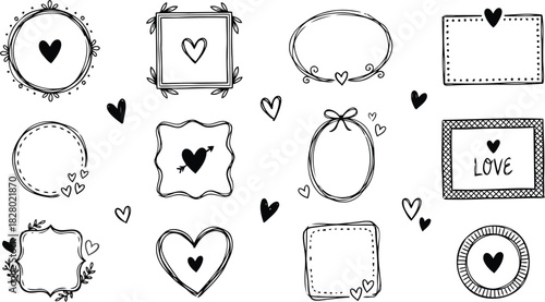 Collection of hand drawn doodle frames and borders with heart elements, perfect for love, wedding, or valentine design