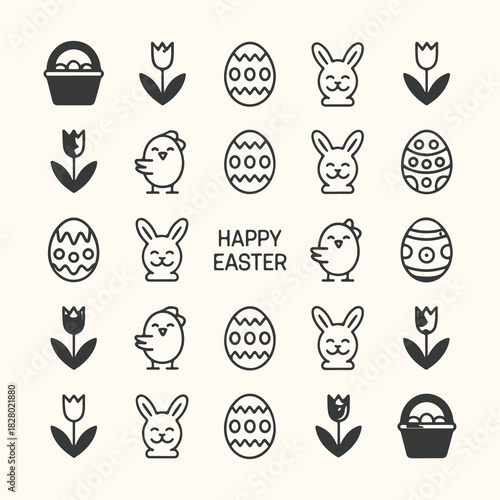 Vector art of collection of happy easter icons including easter egg, bunny, chick, tulip, and basket