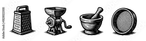 Cooking utensils vintage engraving icons set, grater grinder mortar sieve