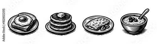Breakfast food vintage engraving icons set, pancakes waffle oatmeal bowl