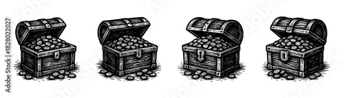 Treasure chests vintage engraving icons set, pirate chest with coins