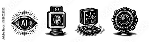 AI vision vintage engraving icons set, artificial intelligence eye camera tech