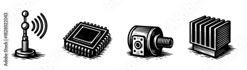 lectronics hardware vintage engraving icons set, antenna chip camera heatsink