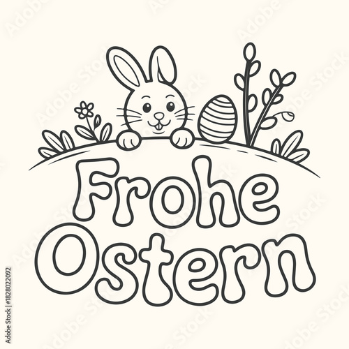 Vector art of frohe ostern text with a cute bunny, easter egg and spring branches, black and white illustration for coloring