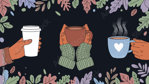 Cozy Vector Illustration of Hands Holding Hot Drinks Framed by Autumn Leaves