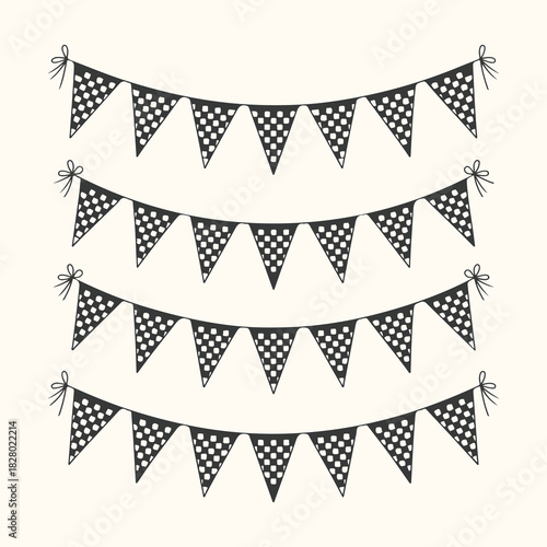 Vector art of four rows of bunting flags with a black and white polka dot pattern, tied with bows, isolated on a cream background