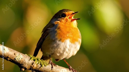 Closeup of a european robin perched on a mossy branch singing with its beak open wide