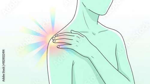 Illustration of a person with shoulder pain indicated by colorful radiating light effect on their shoulder