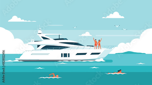 Luxury Yacht Cruise Vacation Illustration. Happy Couple on Motor Yacht Deck and Swimmers in Ocean Water, Flat Vector Design Element