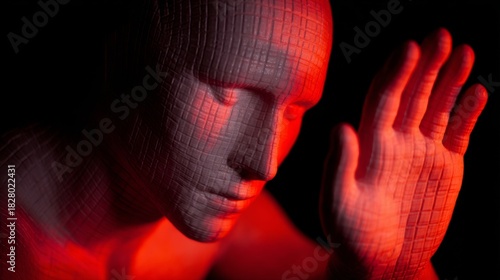 Abstract mannequin face with raised hand in red light