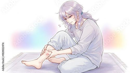 Young person with lavender hair sitting on a rug and holding their leg in apparent discomfort or pain