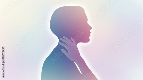 Silhouette of a person with hand on neck in soft pastel gradient against a light background image view
