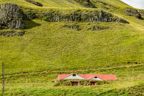 Red-roofed turf homes rest quietly beneath a steep green hillside in Southern Iceland’s afternoon hush