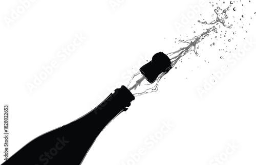Dramatic silhouette of a champagne bottle cork popping with liquid spraying out against a stark