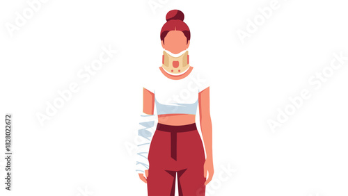 Injured woman wearing cervical collar and arm cast flat vector illustration