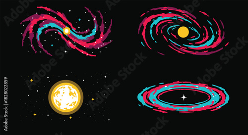 Vibrant pixel art collection of stylized galaxies and stars, featuring swirling cosmic clouds in bright pink and cyan colors.