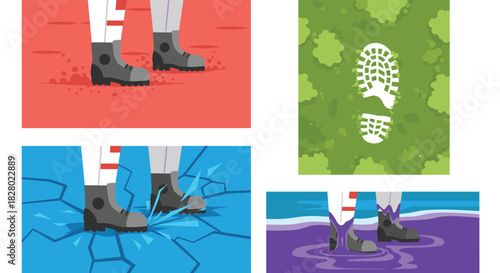 Collection of illustrations showing an astronaut's boots stepping on various alien surfaces, including red dust, ice, and moss.